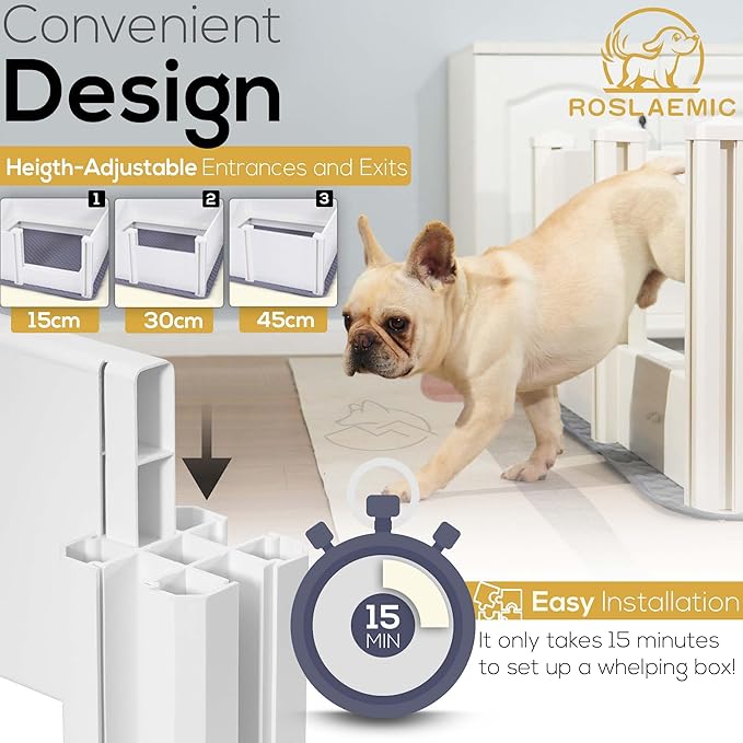 48" x 48" Whelping Box for Large Breed Dogs with Rails, Suitable for Large/Medium Dogs, White