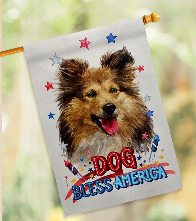 Breeze Decor Patriotic Shetland Sheepdog House Flag Pack Dog Puppy Spoiled Paw Canine Fur Pet Nature Farm Animal Creature Vintage Applique Banner Small Garden Yard Gift Double-Sided, Made in USA