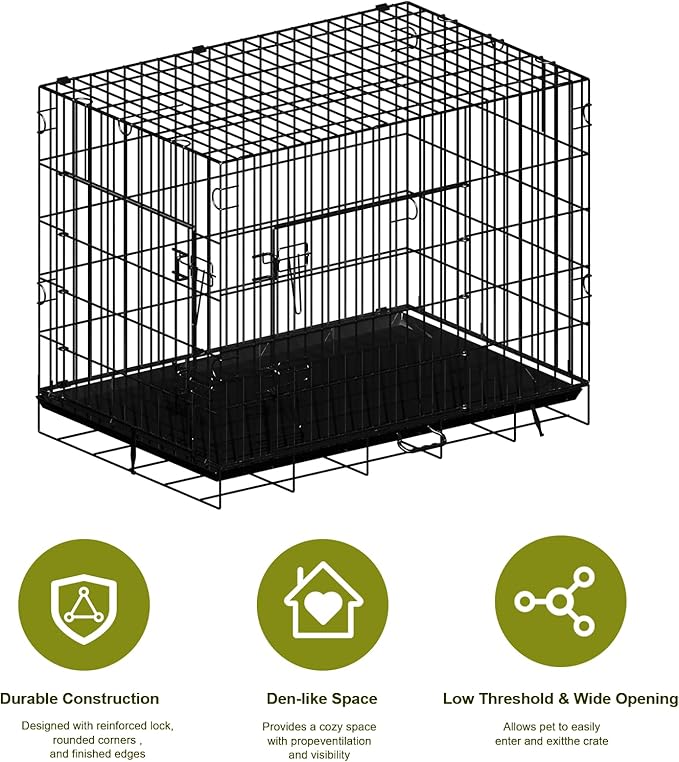 Double Door Dog Crate, Portable Wire Dog Crate with Tray and Divider, Pet Crate for Small Dogs, Indoor and Outdoor Pet Pen, 30" L x 18" W x 21" H Collapsible Dog Kennel