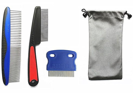 Dog Combs for Grooming, FULLINY 4 In 1 Dog Grooming Comb Set With Flea Comb,Tear Stain Remover For Dogs,Professional Dog Combs,Storage Bag