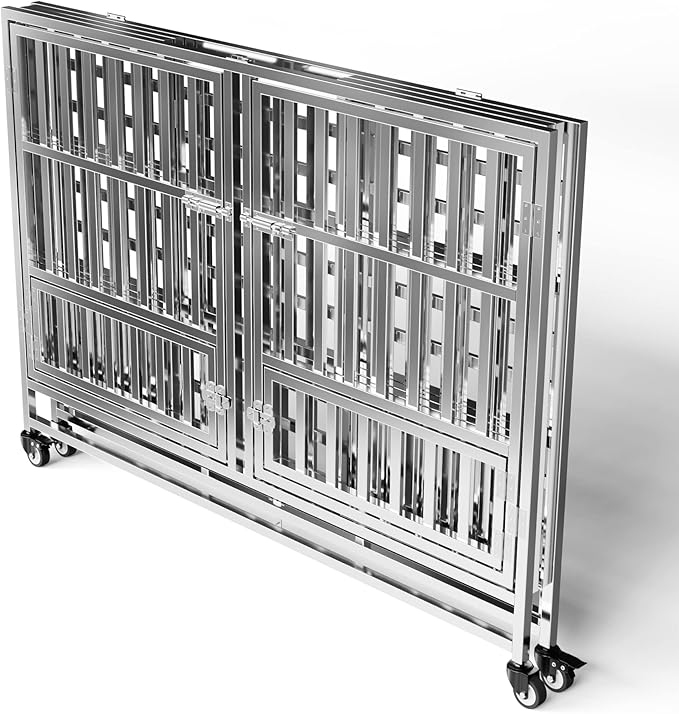Collapsible Stainless Steel Dog Crate, 30" 37" 42" 48" Sizes, Lockable Wheel, with Tray, Stackable, Heavy Duty, Divider, Indoor and Outdoor (48insm)