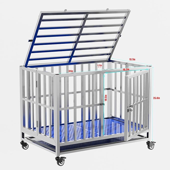 Collapsible Stainless Steel Dog Crate, 30" 37" 42" 48" Sizes, Lockable Wheel, with Tray, Stackable, Heavy Duty, Divider, Indoor and Outdoor （30in Size is Suitable for Small Pets only）