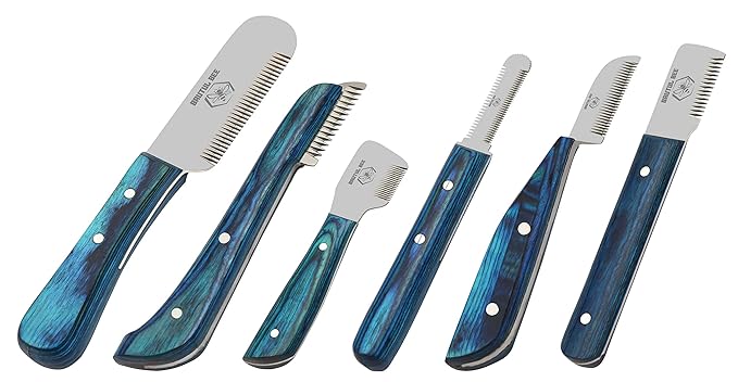 Stripping Knives Set of 6 in Stainless Steel, Wooden Handle, Non-Slip Tools for Grooming Dogs (Blue)