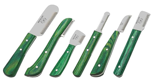 Brutul Bee Dog Grooming Coat Stripping Knife Stripper Trimmer Tool Wooded Handle Stripping Knives Set of 6 in Stainless Steel Non-Slip Tools for Grooming Dogs (Green)