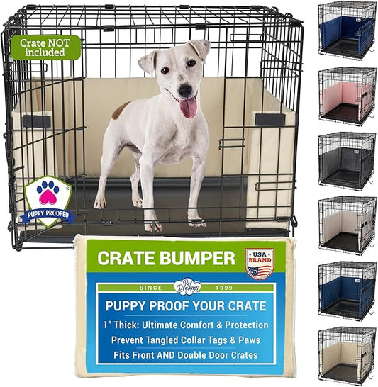 Pet Dreams Dog Crate Bumper - Comfy Liner & Dog Tail Protector for Inside Crate, Fits iCrate Cages 18, 24, 30, 36, 42, 48 Inches (Khaki, XX-Large, 48")