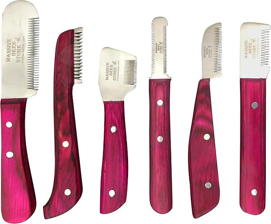 Dog Grooming Coat Stripping Knife Stripper Trimmer Tool Wooded Handle tripping Knives Set of 6 in Stainless Steel non slip tool for grooming dogs (Pink)