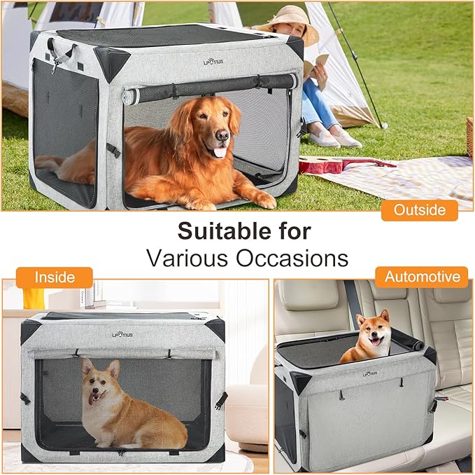 Collapsible Dog Crate for Medium Large Dogs, Portable Travel Dog Crate Soft Pet Kennel with 4-Door Chew Proof Mesh Windows for Indoor & Outdoor