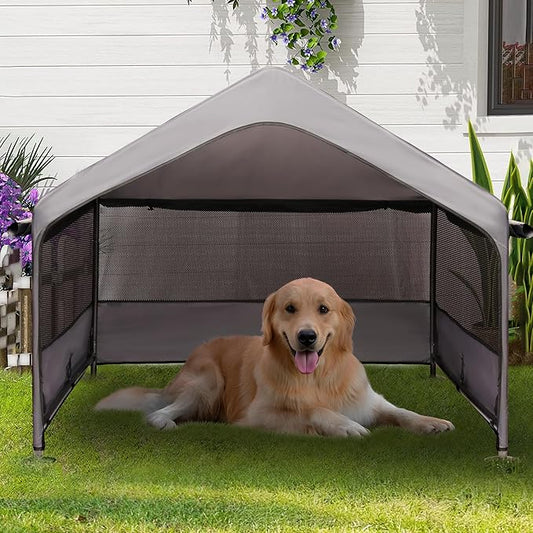 Extra Large Dog House Outdoor with Three-Sided Breathable Mesh Windows, Dog Tent Outside Doghouse Canopy with Ground Stakes, Sun Rain Cover for Cat Goat Livestock Pet, 4'x 4'x 3.3', Gray